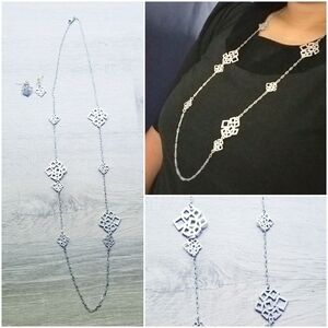 Set Earrings & Long Necklace Silvertone Geometric Costume Jewelry